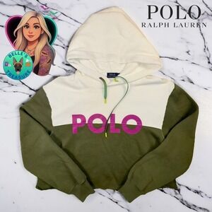 Polo Ralph Lauren PRL Womens XS Oversized Logo Color-Blocked Crop Hoodie Sweater